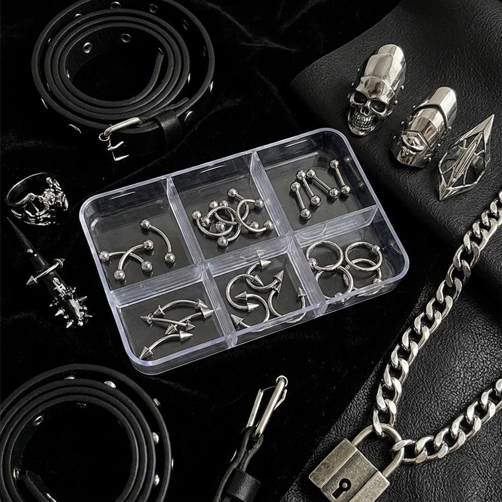 Silver Metal Nail Piercing Charms Set, Gothic Punk Y2K Nail Art Supplies