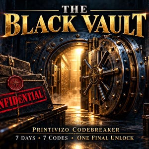 May include: A digital graphic titled THE BLACK VAULT featuring a large circular metal vault door, a dark briefcase with a red wax seal and the word CONFIDENTIAL, and the text PRINTIVIZO CODEBREAKER 7 DAYS 7 CODES ONE FINAL UNLOCK.