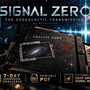Puede incluir: Una carpeta oscura y desgastada etiquetada como ANALYST COPY con un sello de UNVERIFIED ORIGIN y una foto de una galaxia. La cubierta presenta diagramas celestiales y el texto SIGNAL ZERO THE EXOGALACTIC TRANSMISSION by Printivizo, 7-DAY CODEBREAKER CHALLENGE, PRINTABLE PDF y FICTIONAL DEEP-SPACE SIGNAL MYSTERY.