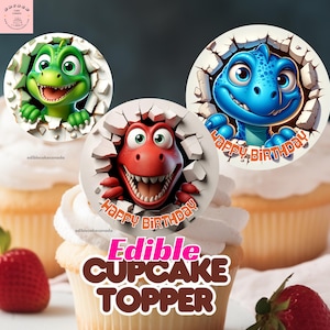 LIVRAISON GRATUITE | Cupcake en feuille de glaçage en forme de dinosaure comestible PERSONNALISÉ | Gâteau d'anniversaire personnalisé pour garçon | Décoration pour cupcake dinosaure