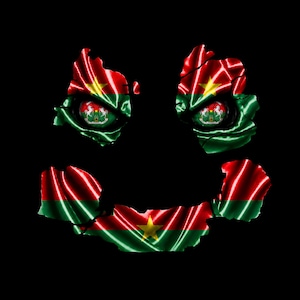 May include: A graphic design featuring the flag of Burkina Faso arranged to form a smiley face shape against a black background. The flag consists of horizontal red and green stripes with a central yellow star and the national coat of arms.