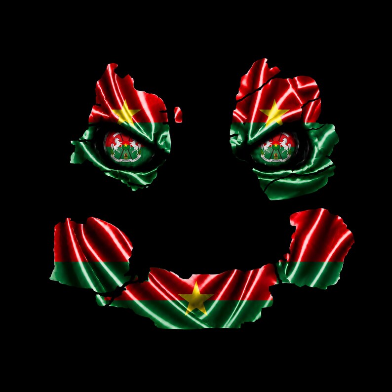 May include: A graphic design featuring the flag of Burkina Faso arranged to form a smiley face shape against a black background. The flag consists of horizontal red and green stripes with a central yellow star and the national coat of arms.