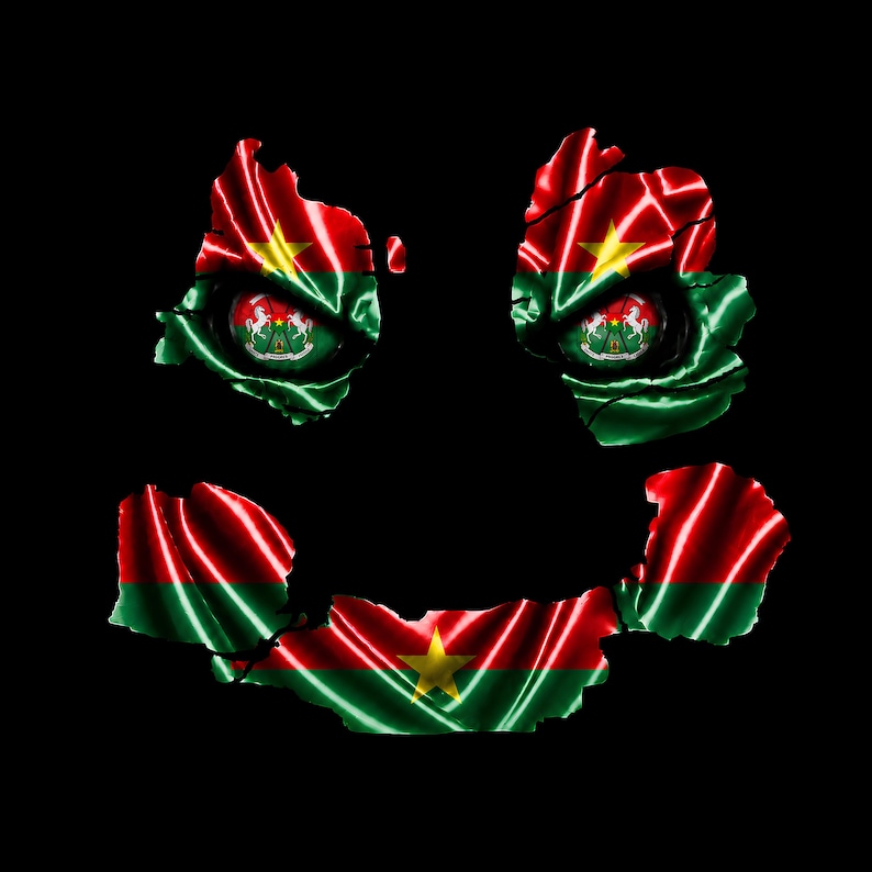 May include: A graphic design featuring the flag of Burkina Faso with horizontal red and green stripes and a central yellow star, arranged in a pattern resembling two eyes and a mouth against a solid black background, with the national emblem visible.