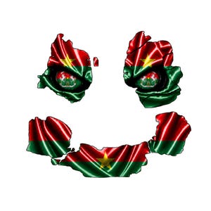 May include: A set of five separate decal pieces featuring the Burkina Faso flag with a glossy, rippled fabric texture. Two top pieces contain the national coat of arms in the centre, while the bottom pieces form a curved shape with a yellow star.