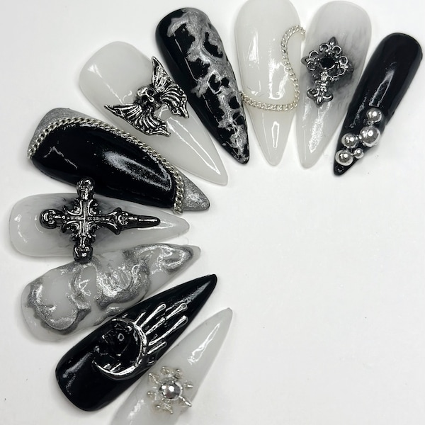 Set Press on Nails DARK ANGEL | Stiletto Nails | Faux ongles réutilisables | Goth nails