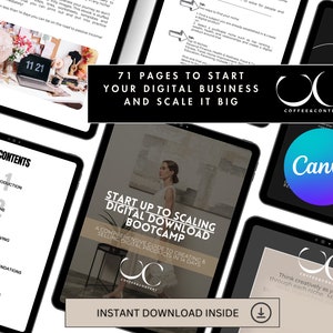May include: A digital download bootcamp guide with a black and white cover featuring a woman in a white dress. The title is "Start Up to Scaling Digital Download Bootcamp" and the subtitle is "A Comprehensive Guide to Creating & Selling Digital Products in 14 Days".
