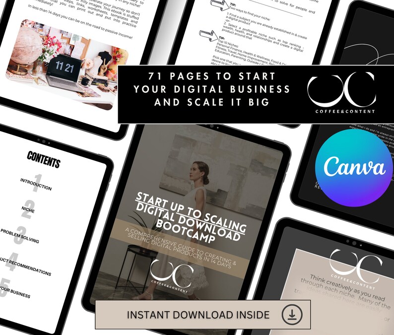 May include: A digital download bootcamp guide with a black and white cover featuring a woman in a white dress. The title is "Start Up to Scaling Digital Download Bootcamp" and the subtitle is "A Comprehensive Guide to Creating & Selling Digital Products in 14 Days".