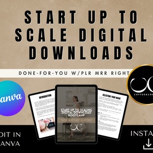 May include: A digital download bootcamp guide with the title "Start Up To Scaling Digital Download Bootcamp" and the text "A step-by-step guide to creating & selling more courses & digital products" on a white background. The guide is open to a page titled "Selecting Your Niche". The image also includes a Canva logo and a logo for Coffee & Content.