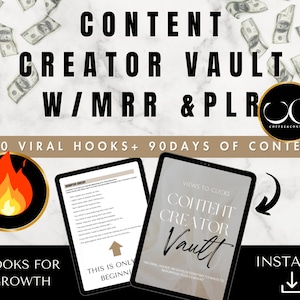 May include: A digital product mockup with a tablet displaying the text "Content Creator Vault" with a red flame icon and the text "100 Viral Hooks + 90 Days of Content". The text "Hooks for Growth" is at the bottom left of the image. The text "This is only the beginning" is at the bottom right of the image.