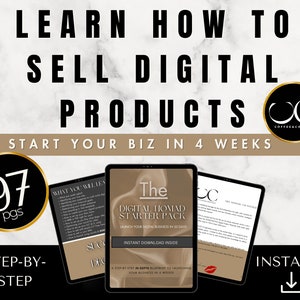 Puede incluir: Una guía de producto digital titulada "The Digital Nomad Starter Pack" con un fondo rosa y blanco. La guía tiene 97 páginas e incluye un plan paso a paso para lanzar un negocio digital en 4 semanas. El texto "Descarga instantánea dentro" también es visible.