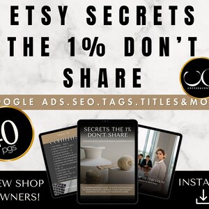 May include: A digital product cover with a black and white image of a person in a meeting. The cover has the text "Secrets the 1% Don't Share" and "Etsy Success Guide for New Ecommerce Shops". The cover also has the text "40 pgs" and "New Shop Owners!" in a circle with a gold border. The cover also has the text "Instant Download" with a download icon.
