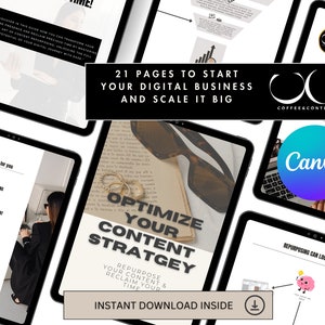 May include: A digital marketing guide with the title "Optimize Your Content Strategy" and the subtitle "Repurpose Your Content & Reclaim Your Time". The guide is available for instant download. The image also includes a graphic of a brain with a thought bubble that says "You know you can do this!" and the text "Repurposing can look like this!"