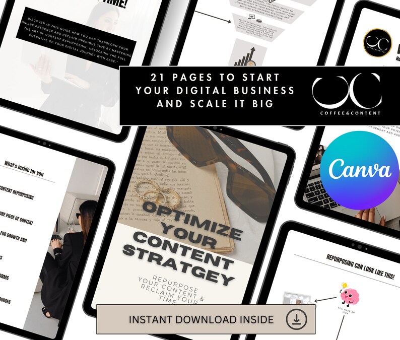May include: A digital marketing guide with the title "Optimize Your Content Strategy" and the subtitle "Repurpose Your Content & Reclaim Your Time". The guide is available for instant download. The image also includes a graphic of a brain with a thought bubble that says "You know you can do this!" and the text "Repurposing can look like this!"