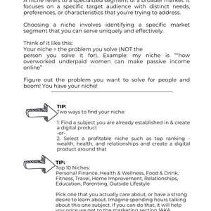 May include: A black and white text-based infographic with the title "Selecting Your Niche". The infographic provides tips on how to find a niche for a business, including finding a subject you are already established in, selecting a profitable niche, and choosing a niche you are passionate about.