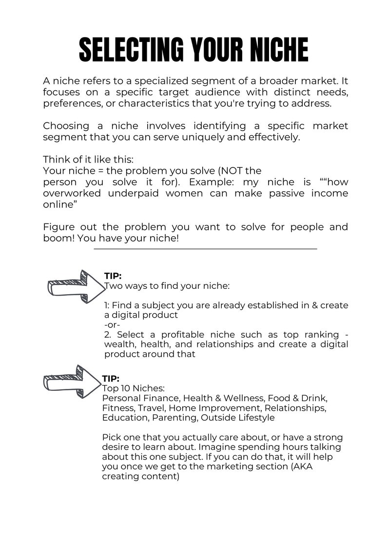 May include: A black and white text-based infographic with the title "Selecting Your Niche". The infographic provides tips on how to find a niche for a business, including finding a subject you are already established in, selecting a profitable niche, and choosing a niche you are passionate about.