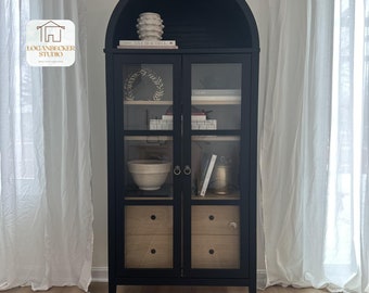 Tall Arched Storage Display Cabinet in Oak Wood Grain, Modern Farmhouse