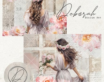 Beautiful Blush Pink Peony Faith Lady with Cross, for Bible Journaling, Junk Journaling, Scrapbooking, Decoupage, Mixed Media, Digital Print