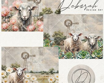 Vintage Farm with Windpump Sheep, Proteas, Daisies, Succulents, for Sublimation, Junk Journal, Printable Scrapbook Paper, Decoupage