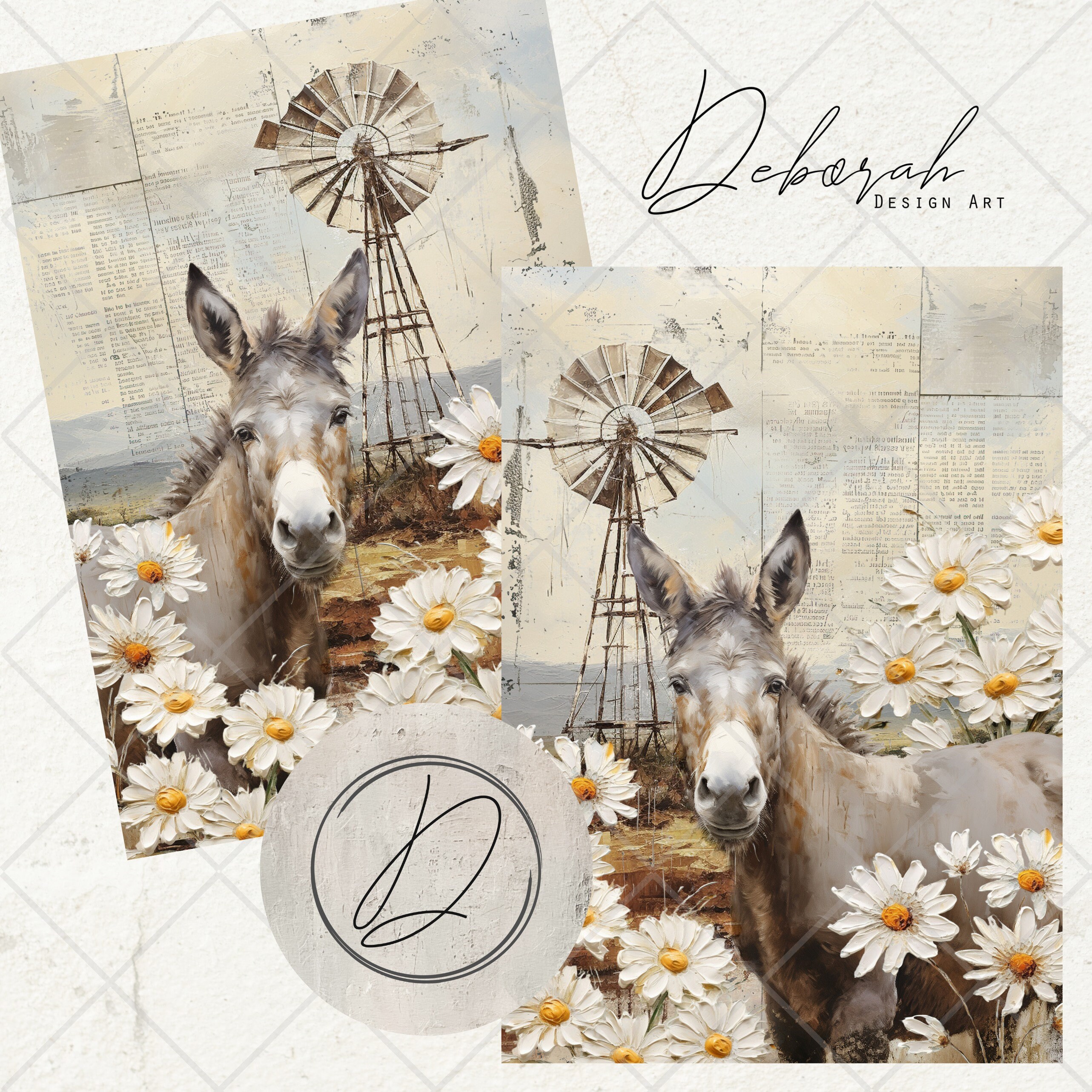 Vintage Shabby South African Donkey with Daisies, Sublimation, Digital Paper, Bible Journaling, Junk Journaling, Mixed Media, Decoupage