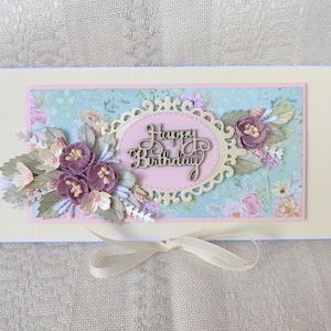Cartão de aniversário feito à mão, cartão floral 3D, cartão floral exclusivo, cartão de aniversário, envelope de dinheiro.