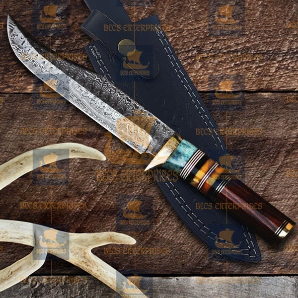 Custom Forged HUNTING KNIFE Damascus Steel Fixed Blade Skinner Bowie Viking Camping Outdoor Viking Survival Knife| Wedding Gift for Husband