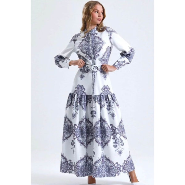 Französisches Boho Kleid, Langarm Maxi Kleid, Elegantes Abendkleid