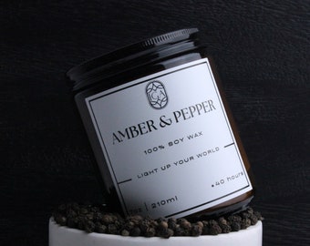 Amber & Pepper Soy Candle, Nontoxic Candle, Amber Jar Candle, Scented Candle, Handmade Candle