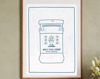 Impresión digital de aceite de chile picante crujiente (Lao Gan Ma), póster de regalo, arte de pared, decoración del hogar, impresión artística, impresión de cocina, azul o verde, aceite de chile