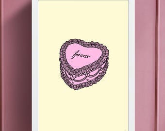 Retro Forever Heart-Shaped Cake Digital Print – Pink Vintage Cake Art | Instant Download Printable Wall Art