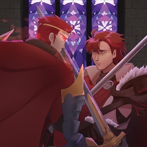 May include: Two figures in red and blue armor stand facing each other, swords drawn. They are in a dark room with a stained glass window behind them. The window features a snowflake design.
