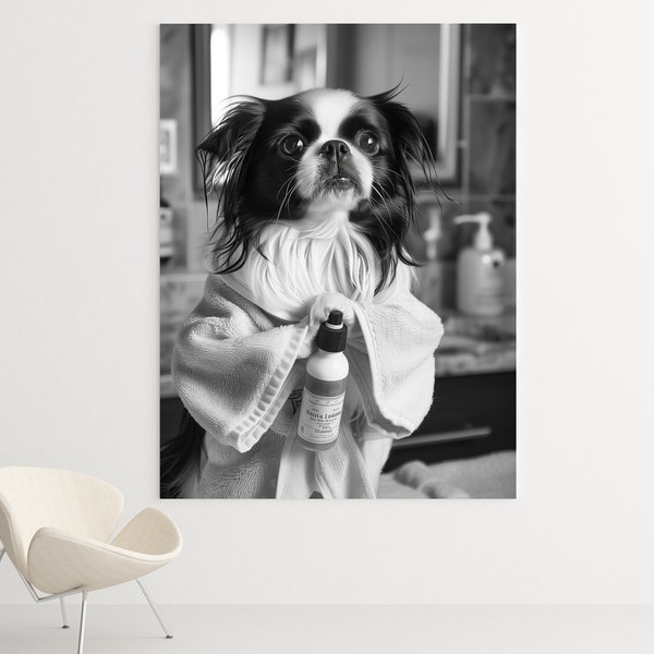 Cute Dog Canvas or Poster - Animal Wall Art, Japanese Chin Wall Art, Animal in toilet, Black and White, Dog Lover, Funny Bathroom Decor