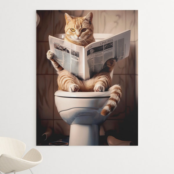 Ginger Cat Canvas or Poster - Animal Wall Art,  Cat in Toilet, Animal Prints, Kids Bathroom Wall Art, Colorful Art, Cat-themed gifts