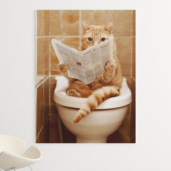 Ginger Cat Canvas or Poster - Animal Wall Art,  Cat in Toilet, Animal Prints, Kids Bathroom Wall Art, Colorful Art, Cat-themed gifts
