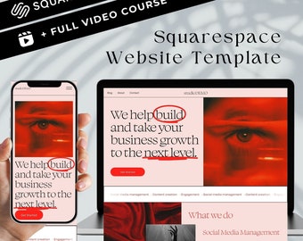 May include: A website template for Squarespace, featuring a red eye image and the text "We help build and take your business growth to the next level."  The template includes sections for social media management, content creation, and engagement.