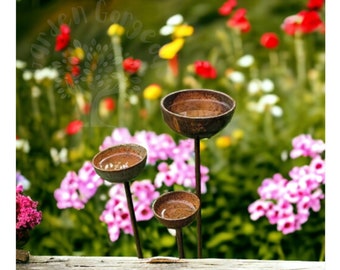 Rusty Metal Rain Catchers, Garden Decoration, Plant Supports, Bee and Insect Water Stations, Garden Gift, Garden Art.