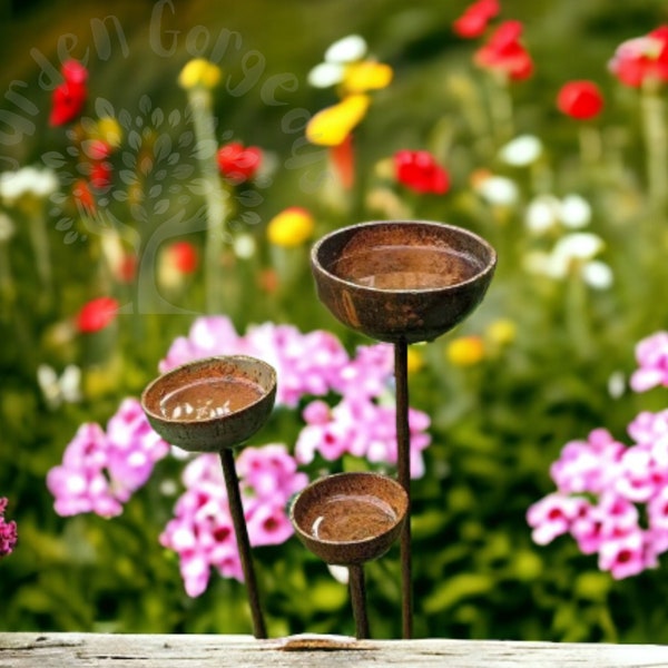 Rusty Metal Rain Catchers, Garden Decoration, Plant Supports, Bee and Insect Water Stations, Garden Gift, Garden Art.