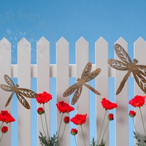 Three Rustic rusty metal dragonfly garden decorations with cut out v-leaf shapes in the four insect wings. One large and two medium. Displayed on a white picket fence with a row of red poppies in front.