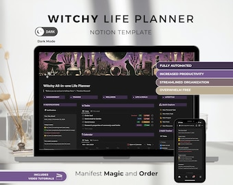 Witchy Life Planner Notion-sjabloon: alles-in-één dagelijkse planner donkere modus (digitale download)