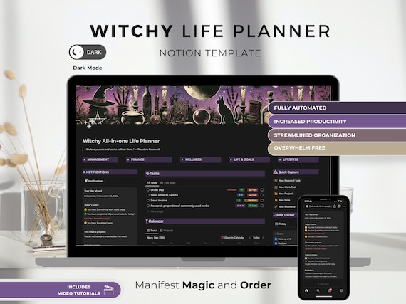 Witchy Life Planner Notion Template: Dark Mode All-in-One Daily planner (Digital download)