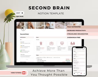 Second Brain Notion Template: Life Planner, Task & Project Manager, Daily planner (Digital download)