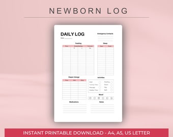 Printable Newborn Daily Log: Feeding, Sleep, Diaper Tracker (Digital Download)