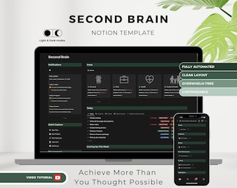 May include: A screenshot of a computer screen showing a Notion template called "Second Brain". The template is designed to help users organize their thoughts and ideas. The template is fully automated, has a clean layout, is overwhelm free, and is customizable. The template includes sections for notifications, areas, today, quick capture, and coming up this week. The template is displayed in a dark mode.