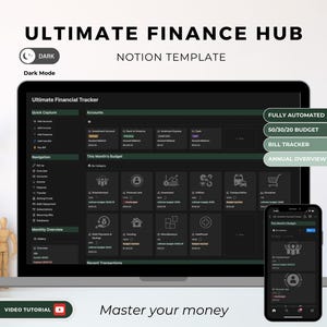 Puede incluir: Una captura de pantalla de una pantalla de computadora que muestra una plantilla de Notion en modo oscuro para administrar las finanzas personales. La plantilla se llama "Ultimate Finance Hub" e incluye funciones como un rastreador financiero, un planificador de presupuesto, un rastreador de facturas y una descripción general anual. La plantilla está completamente automatizada y utiliza el método de presupuesto 50/30/20.