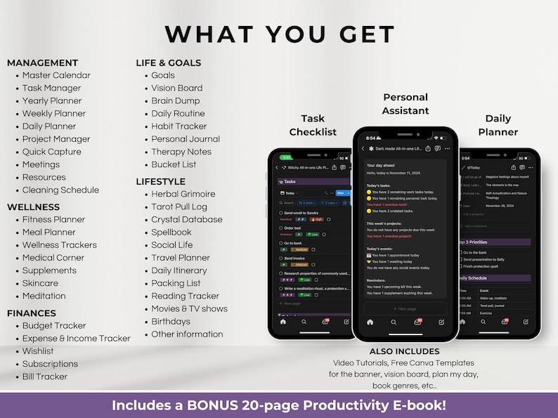 Second Brain witchyl Notion Template all in one Life Planner ADHD daily tasks lists monthly weekly planner notion ipad planner project daily task lists task manager project planner spellbook tarot pull log herbal grimoire wicca aesthetic dashboard