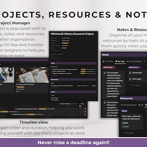 Second Brain witchyl Notion Template all in one Life Planner ADHD daily tasks lists monthly weekly planner notion ipad planner project daily task lists task manager project planner spellbook tarot pull log herbal grimoire wicca aesthetic dashboard
