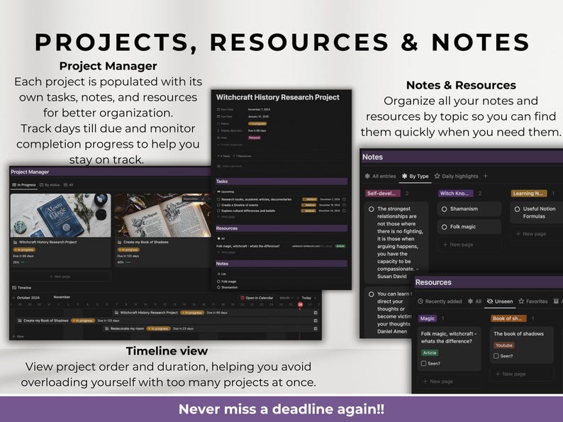 Second Brain witchyl Notion Template all in one Life Planner ADHD daily tasks lists monthly weekly planner notion ipad planner project daily task lists task manager project planner spellbook tarot pull log herbal grimoire wicca aesthetic dashboard