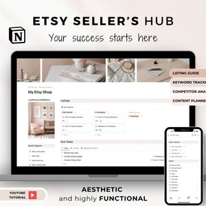 May include: A screenshot of a computer screen displaying a website designed for Etsy sellers. The website is called "Etsy Seller's Hub" and features a light pink and white colour scheme. The website includes sections for "My Etsy Shop", "Listings", "Due Today" and "Quick Capture". The website aims to assist Etsy sellers in managing their shops and listings.