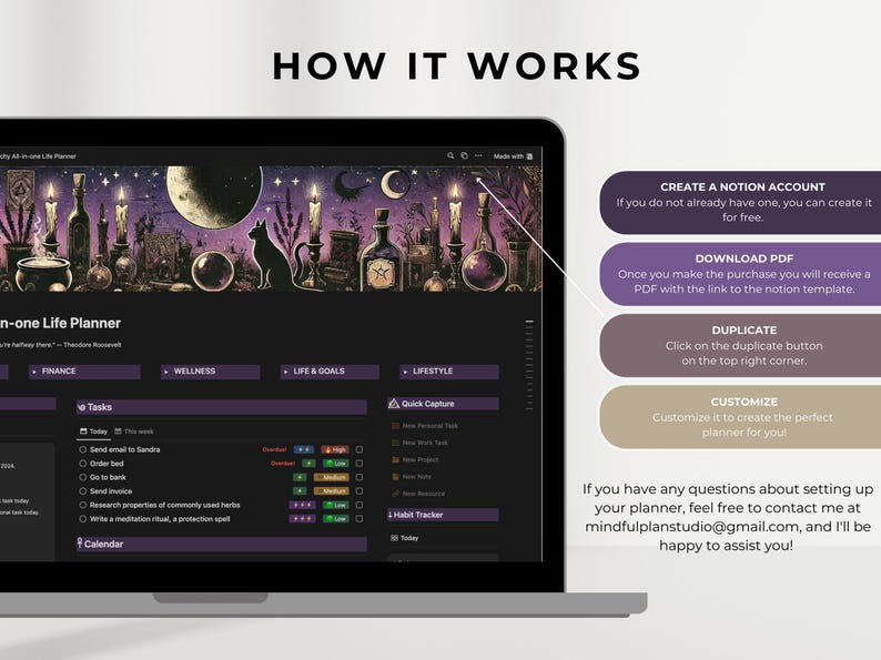 Second Brain witchyl Notion Template all in one Life Planner ADHD daily tasks lists monthly weekly planner notion ipad planner project daily task lists task manager project planner spellbook tarot pull log herbal grimoire wicca aesthetic dashboard
