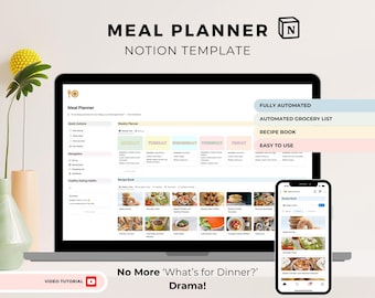 Automated Meal Planner Notion Template: Recipe Journal & Grocery List Daily planner (Digital download)