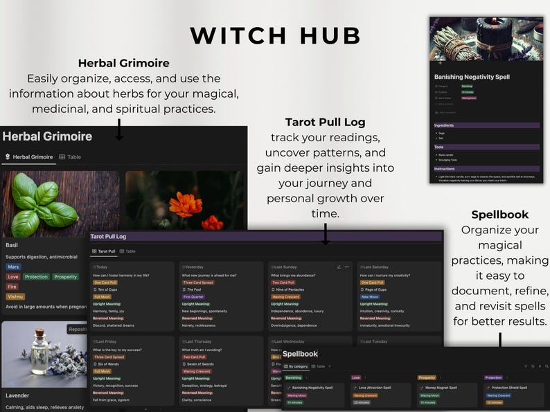 Second Brain witchyl Notion Template all in one Life Planner ADHD daily tasks lists monthly weekly planner notion ipad planner project daily task lists task manager project planner spellbook tarot pull log herbal grimoire wicca aesthetic dashboard